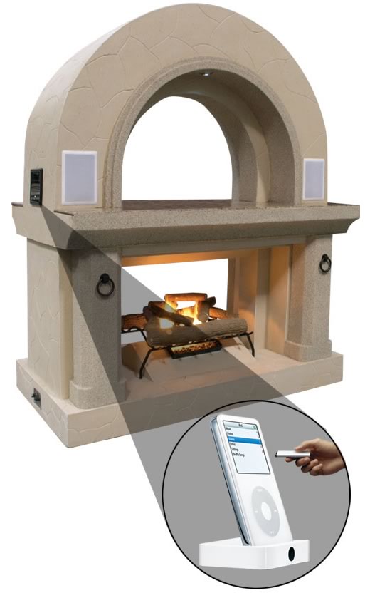 Chimenea con altavoces y dock para iPod integrados